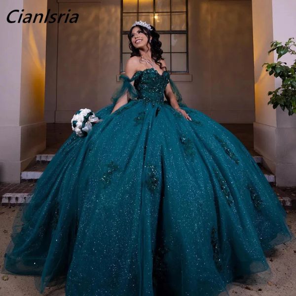 Hunter Green Perlen Crystal Bow Quinceanera Kleiderkugel von der Schulter appliziert Spitze Korsett Vestidos de 15 Anos