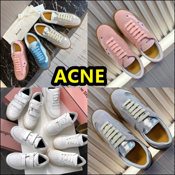 Designer de acne Velcro Sorrindo viagens de praia feminina Branca de sapatos azuis rosa sapatos de fundo plano sola de couro de couro grosso