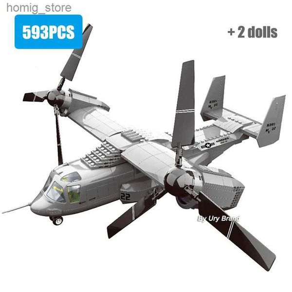 Figuras de brinquedos de ação Militar Morden Exército US V-22 Osprey Tiltrotor Aircraft Helicopter Warplane Sets Model Building Blocks Toys for Boys Kids Gifts Y240415