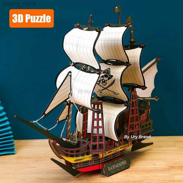 3D Puzzles 3D Puzzim de madeira Vintage Sailing Boat Barkboat Ship Modelo do Rayal Queen Kit Diy Decoration Toys for Adult Kids Y240415