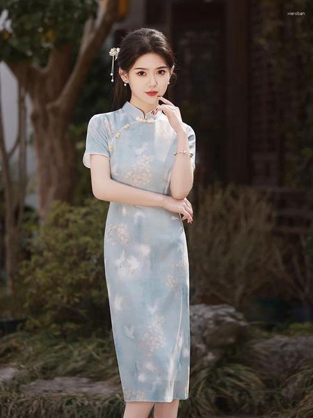 Ethnische Kleidung Sommerkleid Cheongsam Vintage Elegantes Satindruck Blumen Qipao Sexy Trim Split Vestidos Chinese Style Bankett