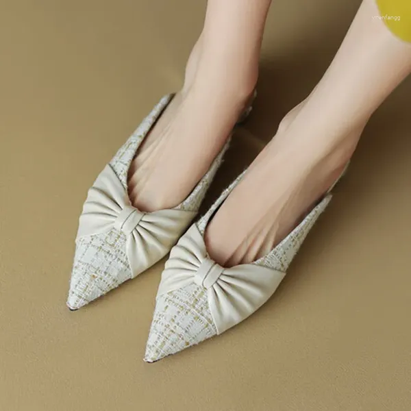 Lässige Schuhe weiße karierte Stoff Frauen Flats sexy spitze Zehen Spring Mules Knoten Dekor Pantoffeln Kristallquadratische Heels Espadrilles