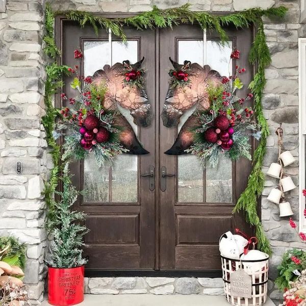 Fiori decorativi Dressage natalizio in legno a cavallo gancia da porta anteriore appesa Orning Orning Festival Decorazione della casa 2024