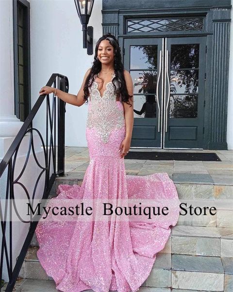 Partykleider Luxus -Strass -Steine rosa Pailletten Prom 2024 Black Girls Diamond Meerjungfrau Abendkleid Gala Kleider Roben