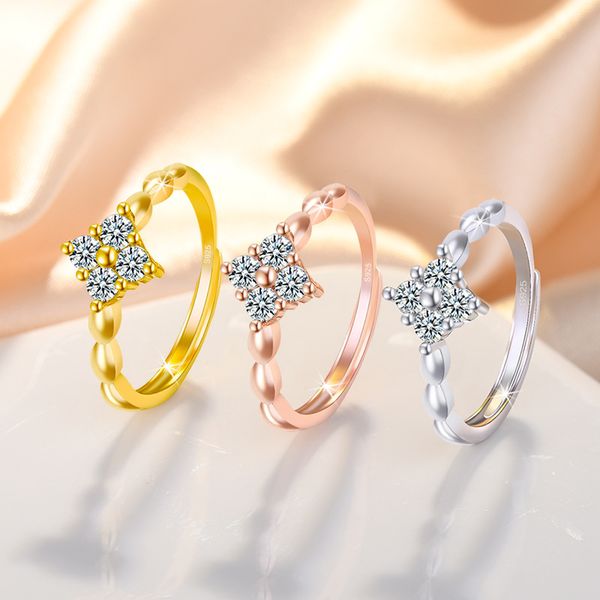 S925 Silver Clea Clover Designer Rings For Women Girls Fashion Luxury Crystal Zircon Sweet Four Flea Design Chinês Dedo Love Ring Jewelry Gift