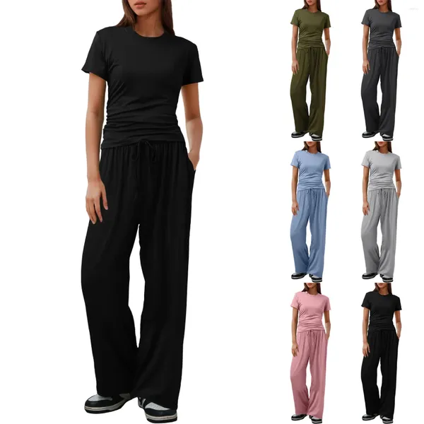 Damen -Trailsuits Frauen 2 -teiliges Freizeitanzug plisdern Kurzarmis und hohe taillierte Weitbeinhosen -Trailsuit Set formelle Hose -Anzüge für