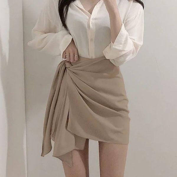 XPQBB Estilo coreano Mini saias Irregular Women Women Summer High Caist Office Short Ladies Slim Fit Body Hip Skirt 240416