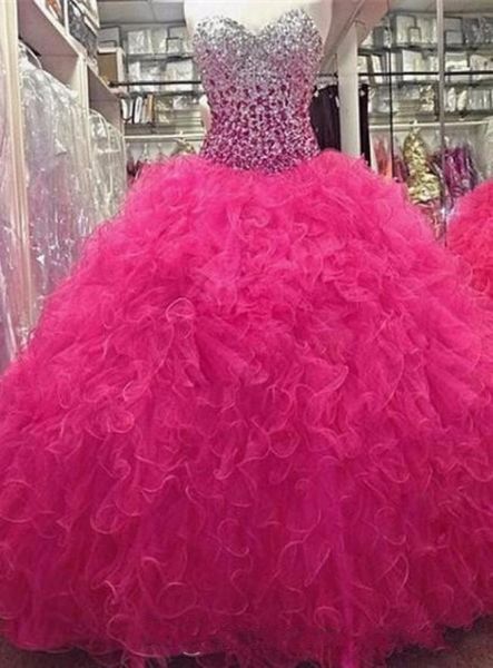 Bling rosa quinceanera abiti cristallini in cristallo fucsia senza schiena dolce abiti mascherato da palla mascherata Vestidos de 15 anos a buon mercato Prom 3675215