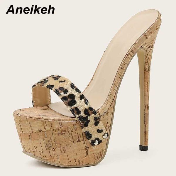 Тапочки Aneikeh Sexy Leopard Platform Sandals High Heels 2023 Летние тапочки Mule Fashion Fashion Peep Toe Slippers Club Shoes Slippers J240416