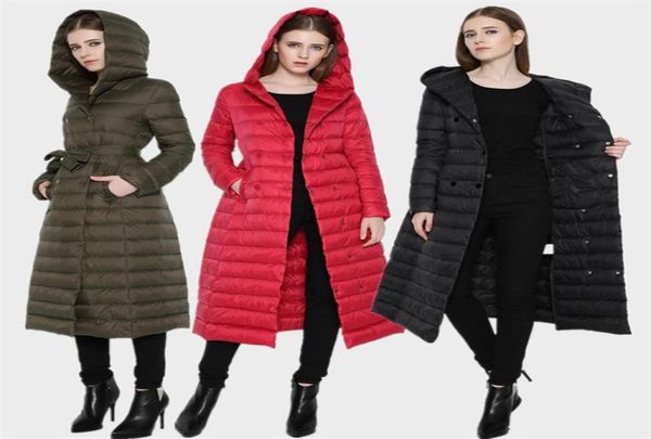 Novas mulheres mais longas ou médias Marca de inverno Highknee Ultrathin Slim Womens Down Coats Casacos leves femininos com capuz5449155