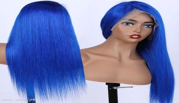 13x6 Azul reto e sedoso 24 polegadas afro mulheres kinky straight curtas perucas azuis colheita marrom cosplay pêlo sintético resistente ao calor 9910897