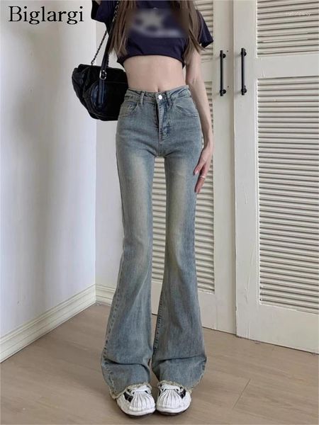Jeans feminino primavera verão longa calça de calça de calça slim retro moda alta ladrinha senhoras de sino de caça de sino calças de estilo coreano de estilo coreano