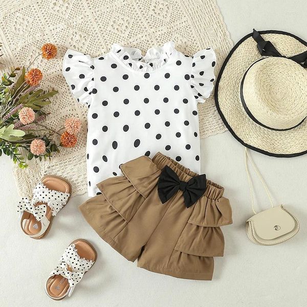 Kleidungsstücke kleines Mädchen 2 -teiliges Outfit Set Sleevel Frill Trim Dot Print Tops Elastische Taille 3D Bug Layered Shorts Säugling Kleinkind