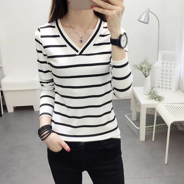 Frauen T-Shirts Herbst Winter T-Shirt Frauen Lose Langarm Hemd V-Ausschnitt Innen in der Innenkorean Mody Black White Stripe Y2K Top