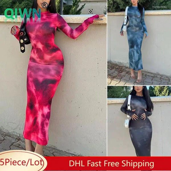 Vestidos casuais 5pcs Vestido maxi de atacado em massa Mulheres gravata-dye Manga cheia pacote de quadril Bodycon Fester Fester Wear Roupas 10486