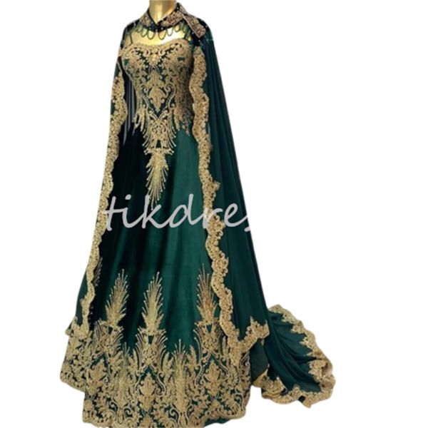 Luxus kaftan marokkanisches Abendkleid mit Cape Elegant Emerald Green Muslim Prom Kleider Gold Appliken Dubai Abaya Formal Engagement Bochzeit Vestidos de Noche