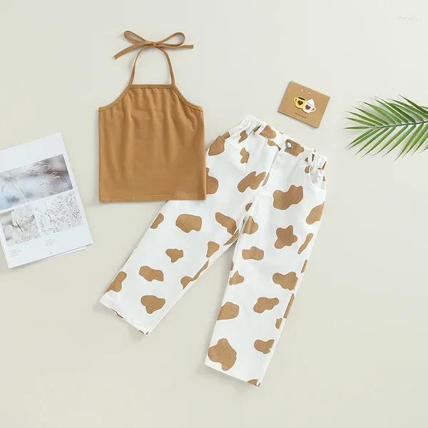 Roupas conjunta crianças meninas de duas peças roupas sem mangas e calças elásticas de cena de vaca definida para roupas de verão