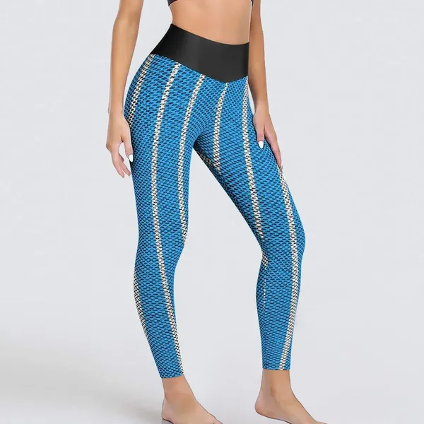 Leggings femminile a strisce verticali blu e bianca fitness palestra pantaloni ad alta vita legger