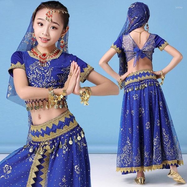 Sahne Giyim Stili Kız Çocuklar Göbek Dans Kostüm Seti Oryantal Sari Bollywood Çocuk Şifon Performans Kıyafet