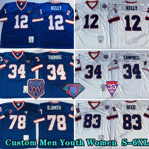 75º Vintage 34 THURMAN THOMAS FUTEBOL JERSEYS 78 BRUCE SMITH12 JIM KELLY 32 O.J.Simpson 68 Joe Delamielleure 83 Andre Reed 66 Billy Shaw 70 Tom Sestak Talley