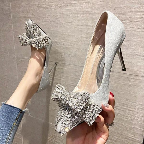 Scarpe eleganti Crystal Bow-Knot Wedding Woman Bling Pompes Mary Janes Stiletto Teli High Women Pounted Light Glitter Talon Femme 2024