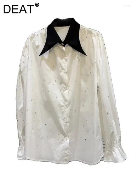 Camicetta femminile camicia a livello di contrasto sciolto collare doppio colletto diamanti a maniche lunghe camicetta femmina 2024 Summer Fashion 11xx8639