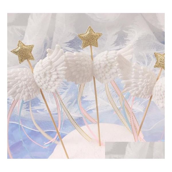 Decorazione per feste Angel Wings Decor decorazioni Toppers Little Star Satin Tassel Cupcake Picks per Baby Shower Birthday Wedding White Rosa Dhlkn