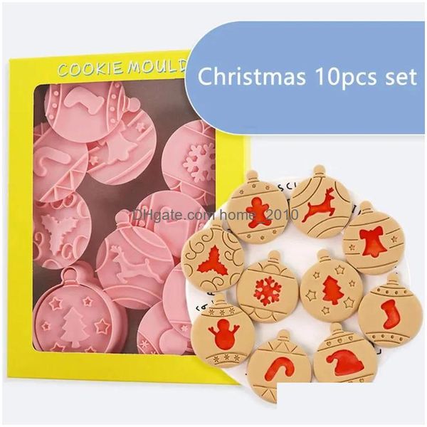 Moldes de cozimento Mods 10pcs Corte de biscoitos de natal Carimbo de carrinho Bola Deer Decoração Diy Kitchen Biscuit Bakeware Drop Del Dhlnv