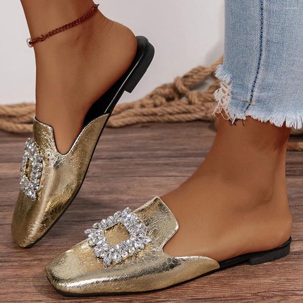 Pantofole Golden Rhinestone Donne Tacchi piatti Slide sandali di cristallo lucido estivo Donna più taglia 42 Flip-Flops da esterno