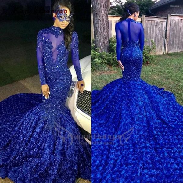 Partykleider schwarze Mädchen Meerjungfrau Langes Prom Royal Blue Sleeves 3d Blumenrock Spitze Applique Perlen formelle Kleider