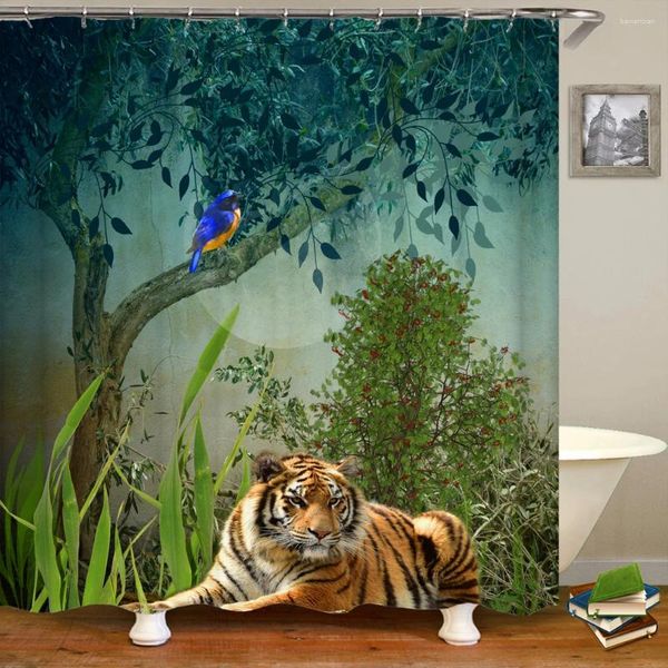 Cortinas de chuveiro cortina impermeável Animal Tiger Floresta Paisagem 3D Decoração de casa Poliéster 180x180cm