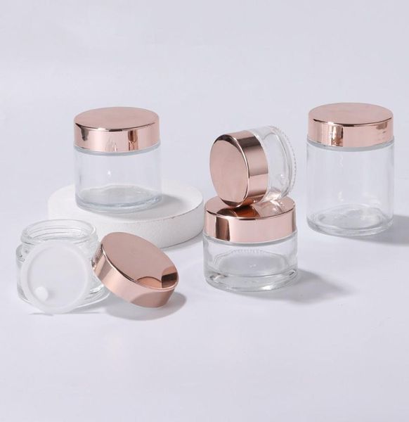 NEU Clear Glass Jar Creme Flaschen runden Kosmetikgläser Handgesichtscremeflasche mit Roségold -Kappe 5G 100G HHC20462679563