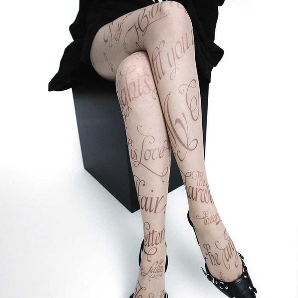 Meias sexy mulheres sexy em inglês meias impressas em punk escuro punk skin tom tatuagem macacão -macacão -calça de pálpe cosplay festas fishnets calças de pesca 240416