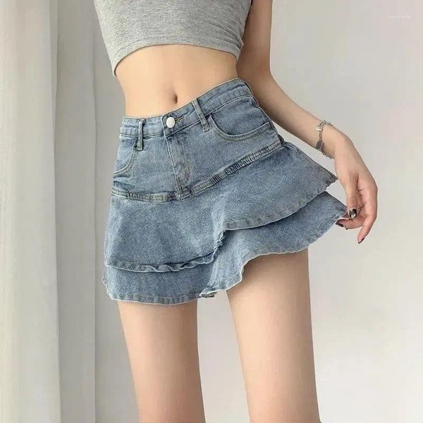 Юбки Американская винтажная джинсовая короткая юбка летняя женщина сексуальная высокая талия тонкая рюша