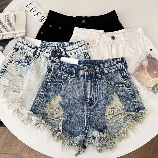 Frauen Shorts Frauen Sommer Denim 2024 Europäischer Stil Rippte Löcher Quasten Hosen Y2K Mode hohe Taille Slim A-Line Jeans