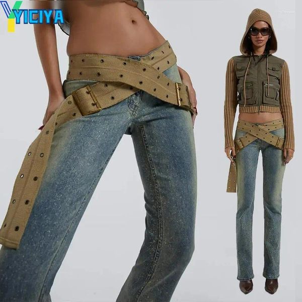 Jeans femminile yiciya flare vintage a bassa vita donne con pantaloni a campana a campana a campana a tracolla grunge y2k pantaloni jean