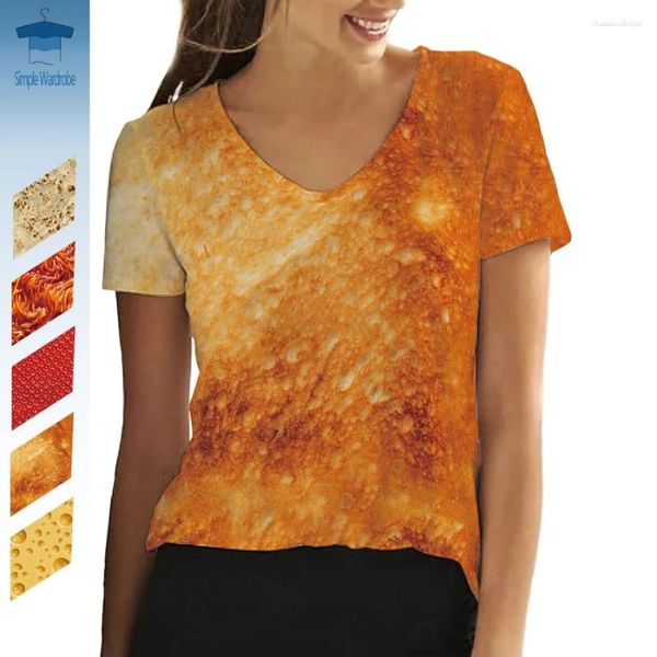 Frauen T-Shirts 3D-Druck V-Ausschnitt Grafik lustige Lebensmittel Pfannkuchen Brot Erdbeeren Kurzärmel Normale Größe Mode weibliches Top