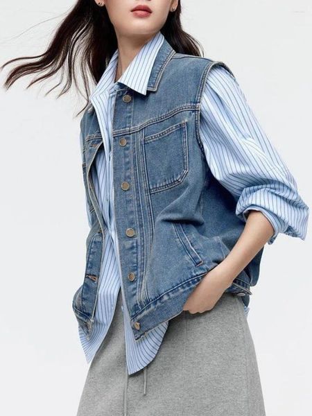 Coletes femininos Jaqueta de colete de jeans vintage feminino primavera no verão sem mangas casuais azul jean cistas casaco