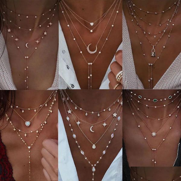 Chokers Vintage Crystal Geometry Star Moon Lock Colar para mulheres boho mti pingentes de pingentes de jóias presentes de jóias 231025 Drop Deliver