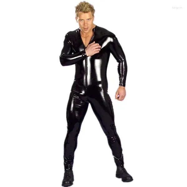 Herren Tracksuits Männer schwarze sexy Faux Latex Lederspiegel Oberfläche Stretch Front Reißverschluss Open Overalls Männliche nasse Look PVC exotischer Bodysuit Custom
