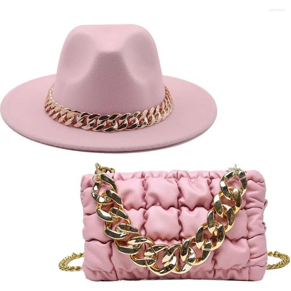 Boinas qbhat Europa Europa US Woolen Jazz Top Cap Women Wide Brim Dress Hats Fedora com Chain Party Wedding Felt Hat Bag Set Wholesale