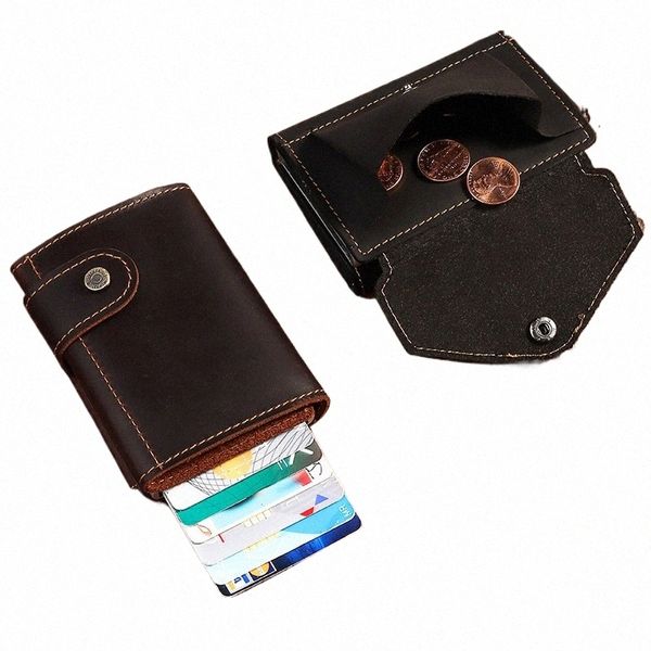HumerPaul Cowhide Men Busin Alluminium C Porta della carta per la carta RFID Slim Wallet Zip Borse Popping Automatico Pop -up Smart Words X3HD#