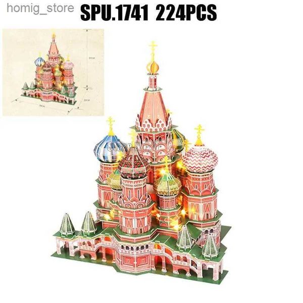 3D Puzzles 224pcs mundialmente famosa arquitetura St Basils Catedral Led 3d Paper Modal Puzzle Toy Y240415