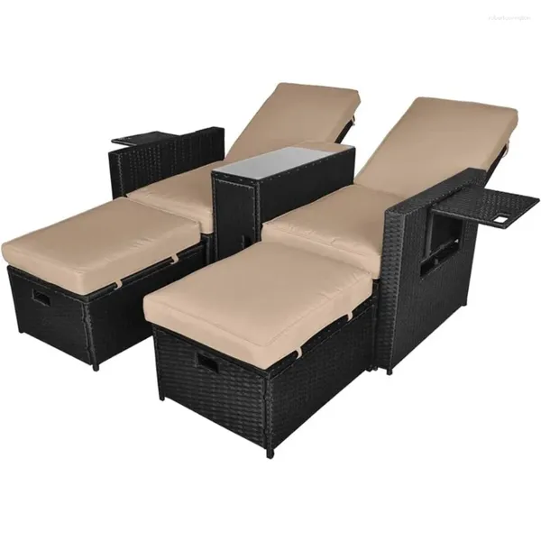 Móveis de acampamento 5pcs cadeira de lounge de vime ao ar livre - pátio reclinável ajustável de vime com otomano praia