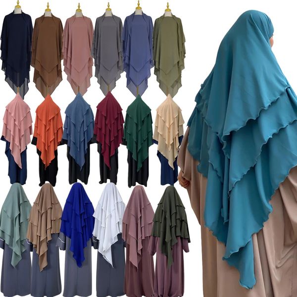 3 Camadas eid Oração de vestuário Overhead Hijab Long Khimar Ramdan Mulheres de carcaro muçulmano capa completa véu abaya kaftan cocar burqa240403