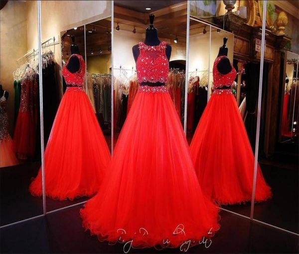 Duas peças Quinceanera vestidos jóias A linha Cristais de contas Vestidos de concurso para meninas uma linha Tulle Zipper Back Dresses Party Evenin1902542