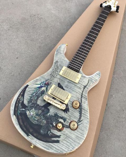 Smith Custom Smith Private Stock Dragon 2000 White Grey Flame Maple Top Guita Electric Dragon Abalone Pearl Intarsia Top Wood Body Bi4504463