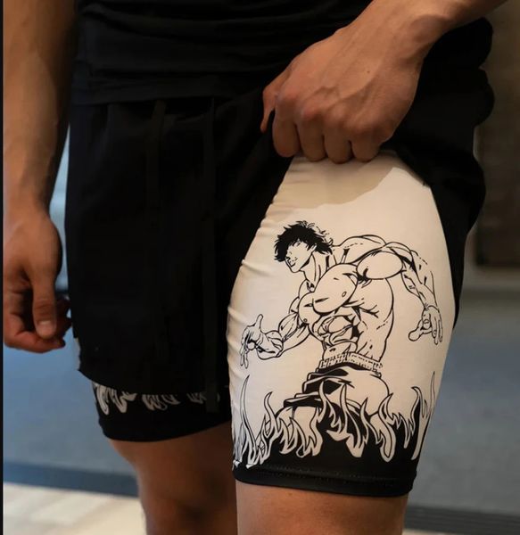 Herren Anime Hanma Baki Fitness Shorts gedruckt schwarze Doppelschicht 2 in 1 Schnelltrocknungs-Shorts Fitness Running Sports Sommer 240416
