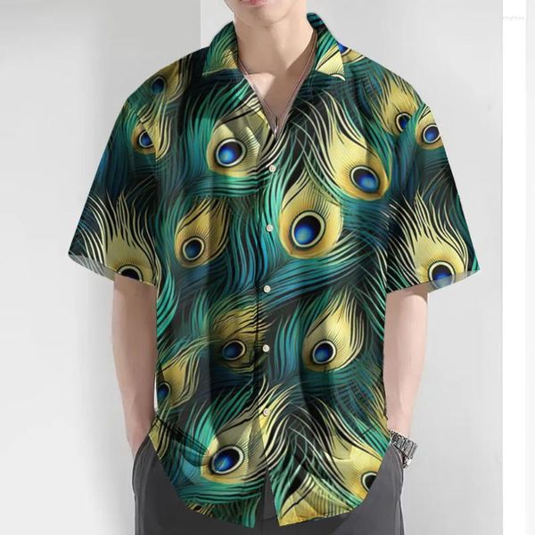 Camisas casuais masculinas camisa de verão 3d pavão estampa havaiana para homens diariamente roupas de homem solto solto lã de grandes dimensões
