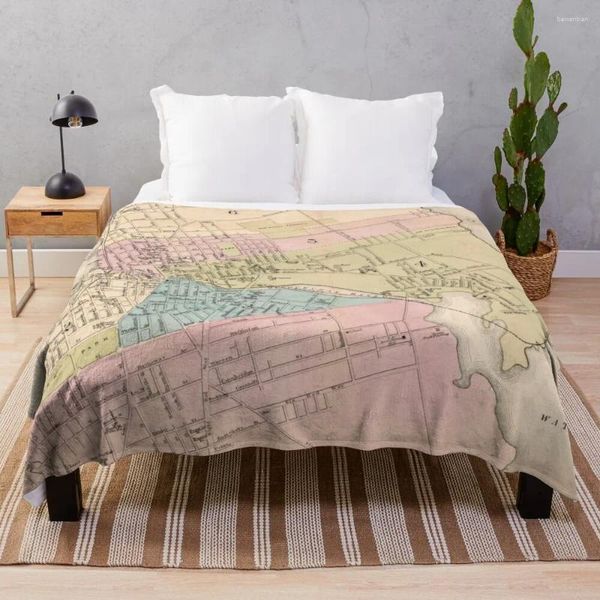 Cobertores mapa vintage de Fall River Ma (1878) Spindle City Boho Sherpa Travel Light Throw Planta